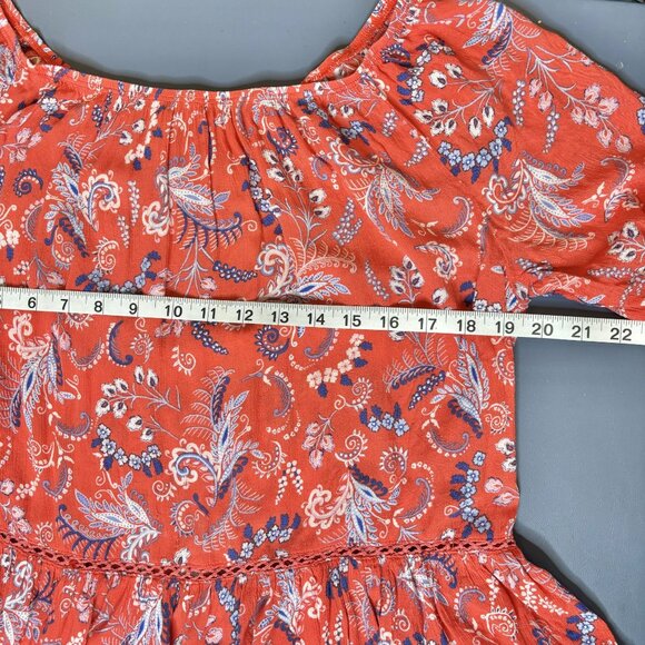 Democracy Women's Floral Boho Peasant Top Bell Sleeves Ruffle Hem Small Red/Blue - Picture 9 of 10